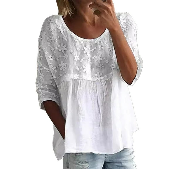 Holzkary Peasant Blouses for Women Gauze Cotton 3/4 Length Sleeve Loose Fit Casual Boho Tops Summer Floral Lightweight Flowy Tees Embroidery Round Neck Loose Large Size T Shirt White M