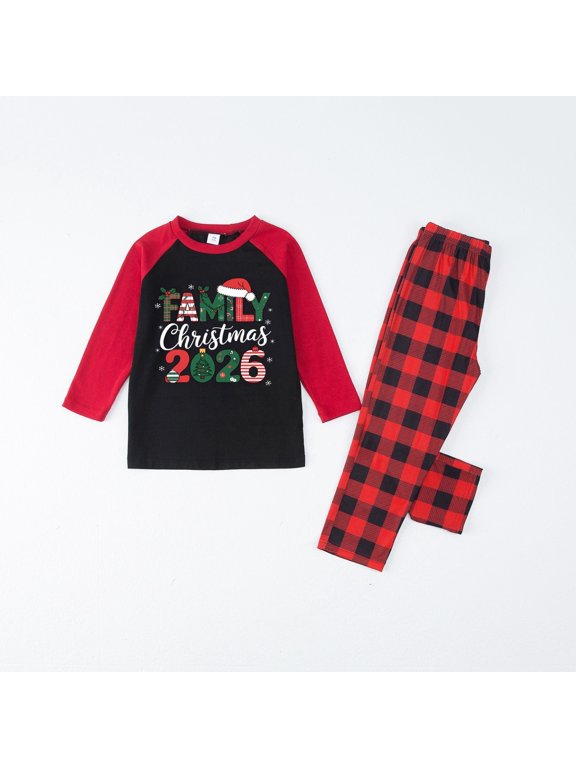 Personalized Matching Family Christmas 2026 Pajamas Set for Family,Xmas Print Long Sleeve Crew Neck Top and Plaid Sleep Pant Lounge Pj Sleepwear 2 Piece Red 2Y