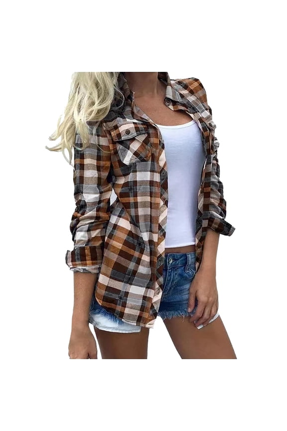 Plaid Shirts for Women 2025 Trendy Buffalo Plaid Shirts Oversized Long Sleeve Casual Button Down Blouse Top Lapel Digital Plaid Printed Pocket Long Sleeves Button Cardigan Blouse Tops Brown L
