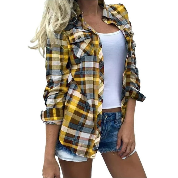 Holzkary Plaid Shirts for Women 2025 Trendy Buffalo Plaid Shirts Oversized Long Sleeve Casual Button Down Blouse Top Plaid Printed Long Sleeves Button Cardigan Blouse Tops Yellow Xxl