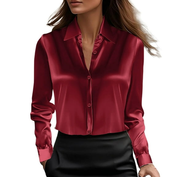 Holzkary Satin Blouses for Women Silk Button Down Shirts Casual Long Sleeve Shirt Business Office Work Tunic Tops Satin Blouses for Women Button Down Shirts Long Sleeve Tops Wine Xl