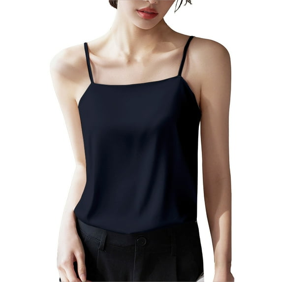 Holzkary Satin Camisole Tops for Women Spaghetti Strap Tank Top Satin Cami Tops Crew Neck Silky Camis Basic Blose Shirts Women's Suit with Bottoming White Satin Ice Loose Top In Summer Black M