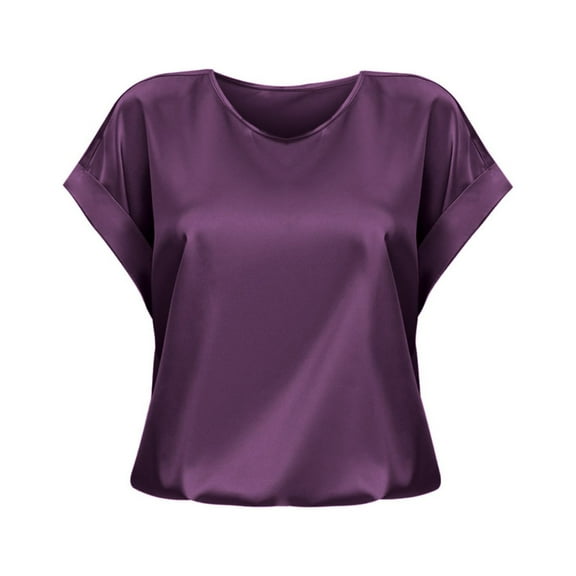 Holzkary Satin Shirts for Women Dressy Satin Blouses Casual Loose Crewneck Silk Shirts Roll Up Short Sleeve Tunic Tops Spring and Summer Short Sleeved Satin Shirt Loose Round Neck T Shirt Pp2 Xl
