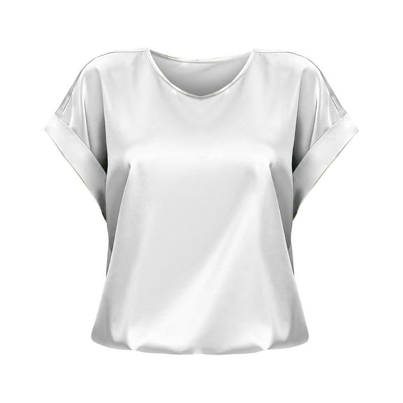 Holzkary Satin Shirts for Women Dressy Satin Blouses Casual Loose Crewneck Silk Shirts Roll Up Short Sleeve Tunic Tops Spring and Summer Short Sleeved Satin Shirt Loose Round Neck T Shirt White Xl