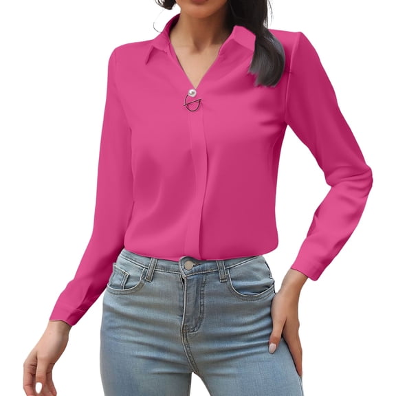 Holzkary Satin Silk Shirts for Women V Neck Shirts for Women Satin Tops for Women Satin Imitation Business Shirts Button Down Shirts for Women Dress Shirts Long Sleeve Blouses Womens Shirts Hot Pink L