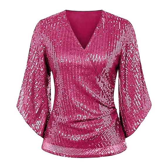 Holzkary Shimmer Tops for Women Womens Sequin Tops 3/4 Sleeve Glitter Sparkly Shimmer Party Dressy Blouse V-Neck Disco Club Concert Shirts Sequin Blouse V Neck Tops for Evening Hot Pink Xxl