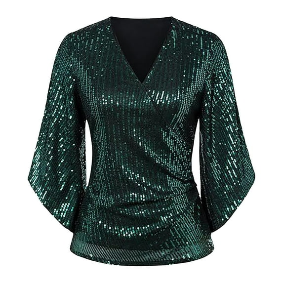 Holzkary Shimmer Tops for Women Womens Sequin Tops 3/4 Sleeve Glitter Sparkly Shimmer Party Dressy Blouse V-Neck Disco Club Concert Shirts Sequin Blouse V Neck Tops for Evening Army Green L