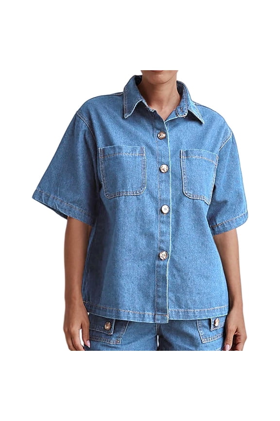Short Sleeve Denim Shirt for Women Women's Button Down Denim Shirt Casual Loose Short Sleeve Jean Shirts Tops with Pockets Denim Jackets Trendy Cropped Jean Tops Shackets Light Blue L