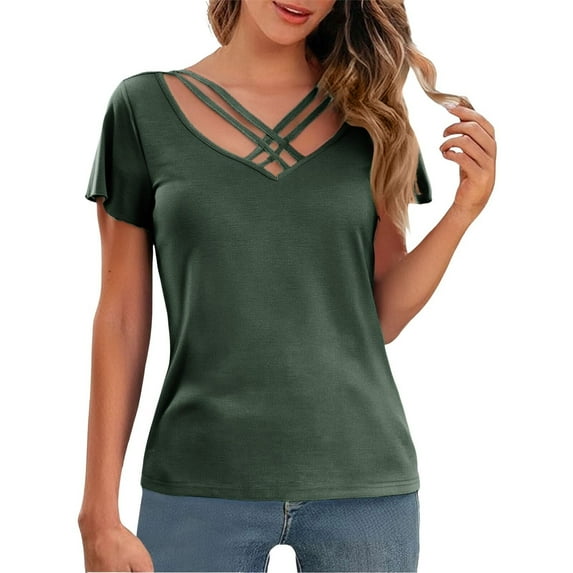 Holzkary Short Sleeve Shirts for Women Criss Cross V Neck Plus Size Solid Color Loose Tshirts Summer Fall Tops Casual Fashionable V Neck Sleeve Hanging Neck Hollow Short Sleeved Top Blackish Green L