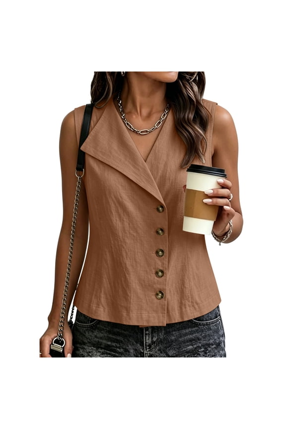 Sleeveless Linen Tops for Women Vest Top Wrap V Neck Asymmetric Button Down Waistcoat Solid Vest Tunic Top Basic Tank Shirt Racerback Tops Mexican Shirts Work Vests Flowy Tops for Women