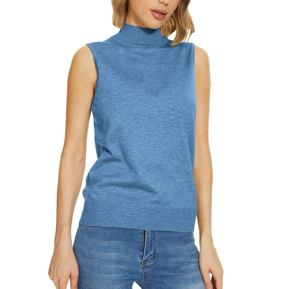 Holzkary Sleeveless Mock Neck Turtleneck Knit Tops Women Dressy Casual Sweater Vest Business Work Tank Slim Fit Knit Sweaters Sleeveless Sweater Knit Soft Basic Vest Tank Lightweight Blue M