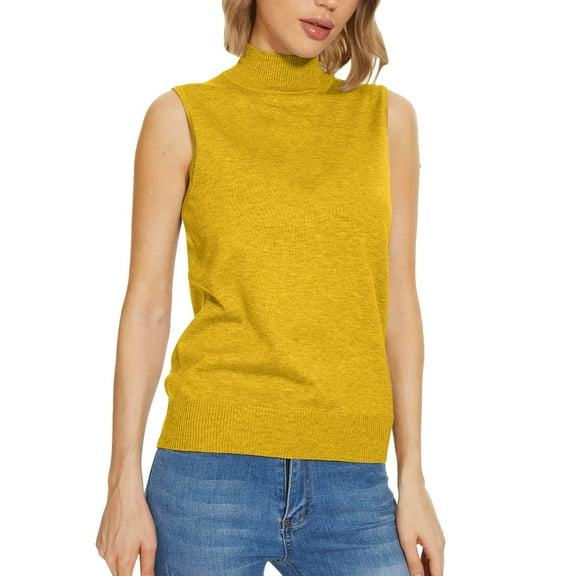 Holzkary Sleeveless Mock Neck Turtleneck Knit Tops Women Dressy Casual Sweater Vest Business Work Tank Slim Fit Knit Sweaters Sleeveless Sweater Knit Soft Basic Vest Tank Lightweight Yellow L