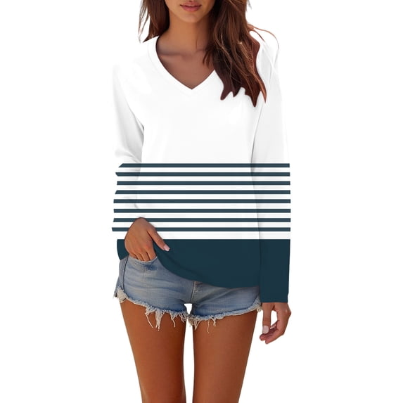 Holzkary Striped Fall Sweatshirt for Women Long Sleeve V Neck Shirts Casual Basic Tops V Neck Loose T Shirt with Curved Top for Autumn and Winter