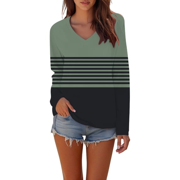 Holzkary Striped Fall Sweatshirt for Women Long Sleeve V Neck Shirts Casual Basic Tops V Neck Loose T Shirt with Curved Top for Autumn and Winter