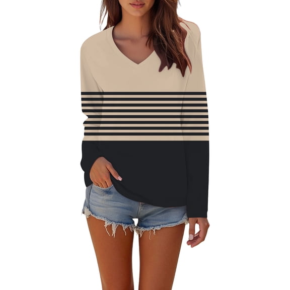 Holzkary Striped Fall Sweatshirt for Women Long Sleeve V Neck Shirts Casual Basic Tops V Neck Loose T Shirt with Curved Top for Autumn and Winter
