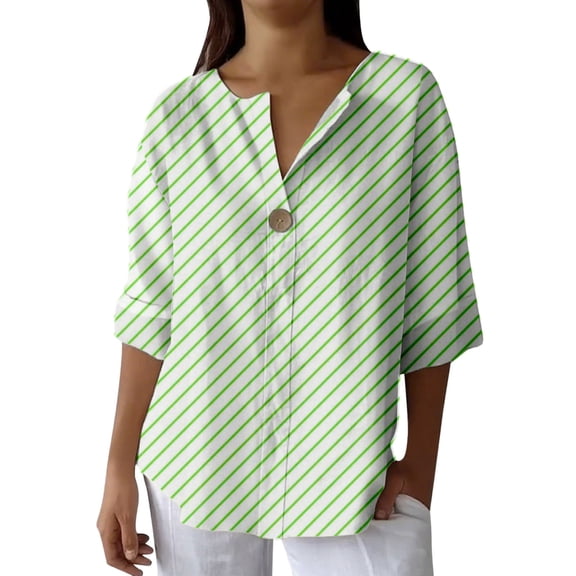 Holzkary Summer Linen Shirts for Women Button Down V Neck 3/4 Sleeve T-Shirt Blouse Casual Loose Basic Solid Tunic Tops 2025 Women's Tie Dye Printed Single Button Long Sleeved Shirt Green L