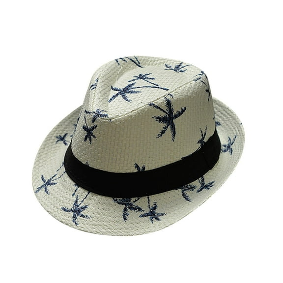 Holzkary Summer Straw Hat for Men Women Panama Fedora Classic Beach Sun Hat Short Brim with Uv Protection Straw Hats Hawaii Vocation Beach Cap Parent Child Child Beach Wind Travel Tree Printing Paper
