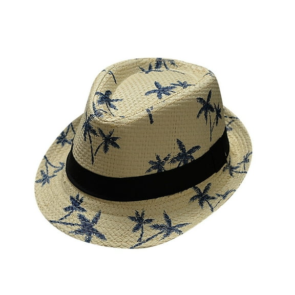 Holzkary Summer Straw Hat for Men Women Panama Fedora Classic Beach Sun Hat Short Brim with Uv Protection Straw Hats Hawaii Vocation Beach Cap Parent Child Child Beach Wind Travel Tree Printing Paper