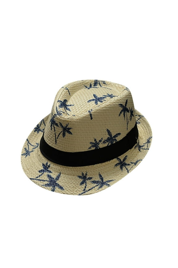 Summer Straw Hat for Men Women Panama Fedora Classic Beach Sun Hat Short Brim with Uv Protection Straw Hats Hawaii Vocation Beach Cap Parent Child Child Beach Wind Travel Tree Printing Paper
