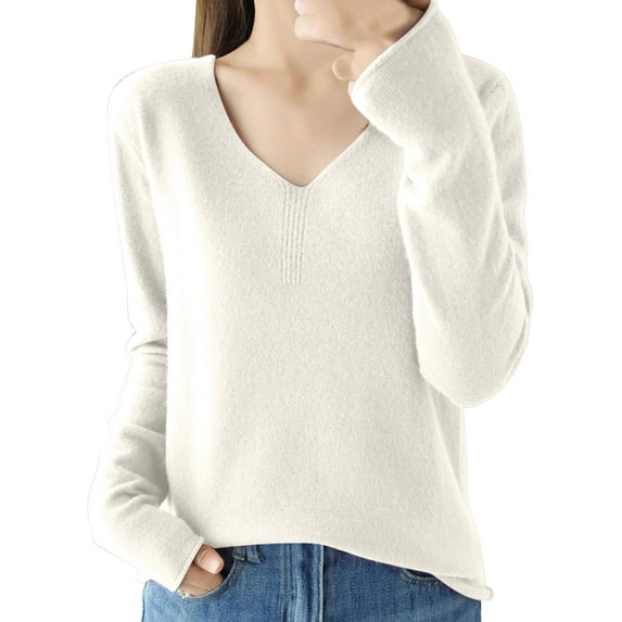 Holzkary Sweaters for Women Fall Winter 2025 V Neck Sweaters for Women Winter Fashion Solid Color Tops Crewneck Outfits Long Sleeve Pullover Soft Sweater Lightweight Knit Top White L