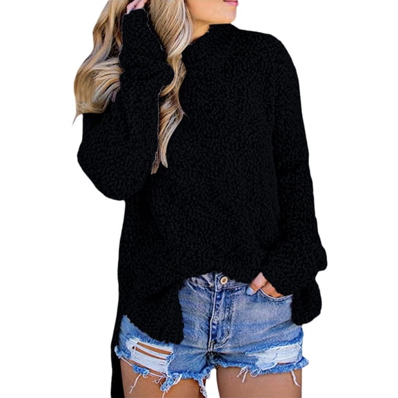 Holzkary Sweaters for Women Fleece Flannel Fluffy Fuzzy Crewneck Side Slit Solid Color Long Sleeve Base Top Jumpers Chunky Knit Jumpers Winter Warm Fleece Fuzzy Tops Ladies Sweaters Black L