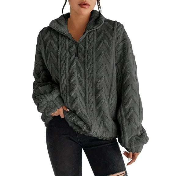 Holzkary Sweatshirt for Womens 2025 Women's Double Plush Casual Zipper Top Half Zip Long Sleeve Pullover Quarter Zipper Hoodies 2025 Fall Fashion Outfits Clothes Grey Xxl