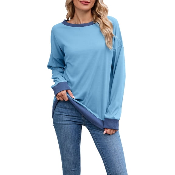 Holzkary Sweatshirts for Women Crewneck Long Sleeve Loose Fit Tops Color Block Ribbed Trim Fashion 2025 Crew Neck Loose Top Sweatshirt Crew Neck Loose Top with Color Decorative Edge Fashion Blue S