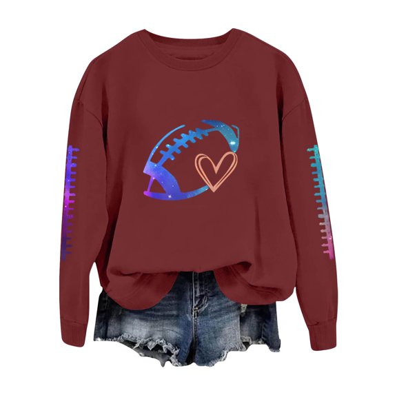 Holzkary Sweatshirts for Women Hoodies Football Funny Sweatshirt for Graphic Print Sunday Long Sleeve Graphic Printed Pullover Top Comfy Fall Winter Outfits Clothes 2025 Fashion Brick Red S