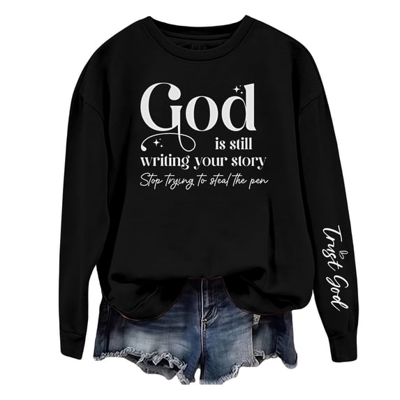 Holzkary Sweatshirts for Women Hoodies God Is Writing Your Story Sweatshirt Grahpic Crewneck Drop Shoulder Shirts Graphic Printed Pullover Top Comfy Fall Winter Outfits Clothes 2025 Fashion Black L