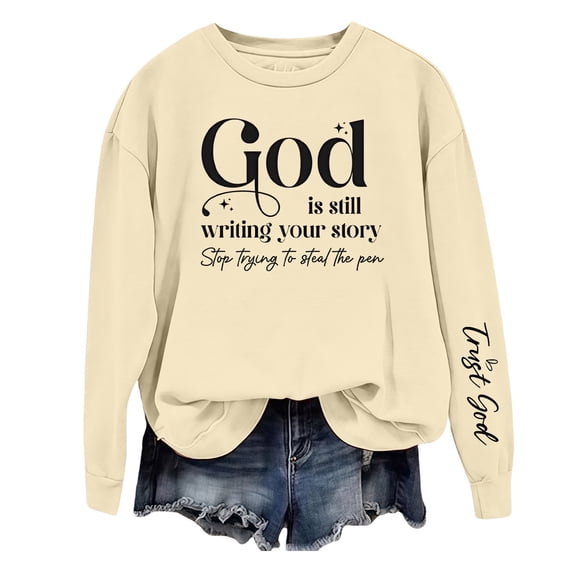 Holzkary Sweatshirts for Women Hoodies God Is Writing Your Story Sweatshirt Grahpic Crewneck Drop Shoulder Shirts Graphic Printed Pullover Top Comfy Fall Winter Outfits Clothes 2025 Fashion Khaki S