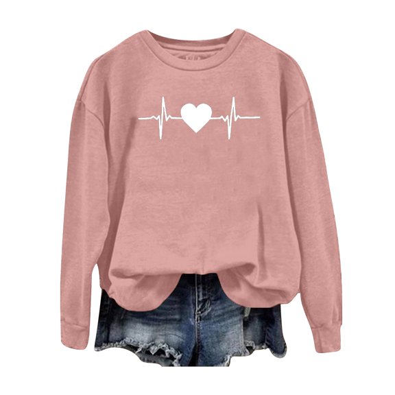 Holzkary Sweatshirts for Women Hoodies Heart Electrocardiogram Printed Loose Sportswear Sweatshirts Graphic Printed Pullover Top Comfy Fall Winter Outfits Clothes 2025 Fashion Pink Xxl