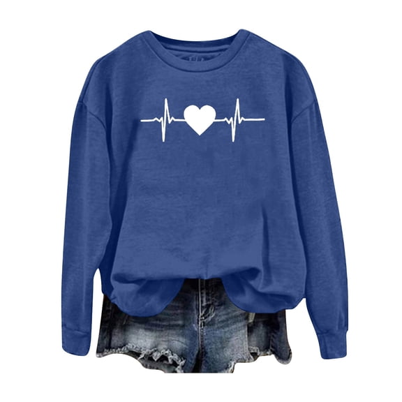 Holzkary Sweatshirts for Women Hoodies Heart Electrocardiogram Printed Loose Sportswear Sweatshirts Graphic Printed Pullover Top Comfy Fall Winter Outfits Clothes 2025 Fashion Blue Xxl