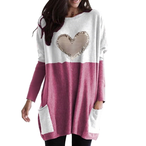 Holzkary Sweatshirts for Women Hoodies Lightweight Round Neck Long Sleeve Heart Pattern Sweatshirt with Pockets Graphic Printed Pullover Top Comfy Fall Winter Outfits Clothes 2025 Fashion Pink L