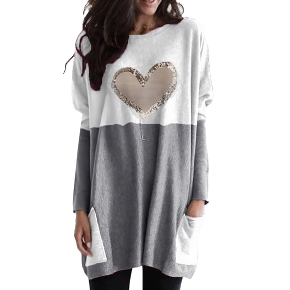 Holzkary Sweatshirts for Women Hoodies Lightweight Round Neck Long Sleeve Heart Pattern Sweatshirt with Pockets Graphic Printed Pullover Top Comfy Fall Winter Outfits Clothes 2025 Fashion Grey L