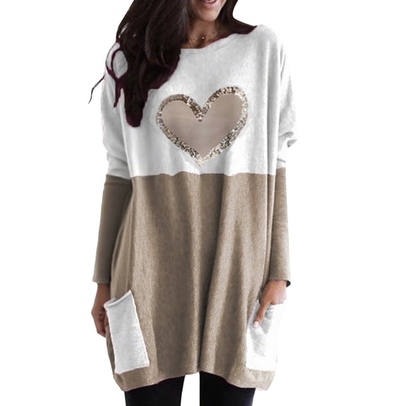 Holzkary Sweatshirts for Women Hoodies Lightweight Round Neck Long Sleeve Heart Pattern Sweatshirt with Pockets Graphic Printed Pullover Top Comfy Fall Winter Outfits Clothes 2025 Fashion Khaki 3Xl