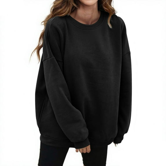 Holzkary Sweatshirts for Women Hoodies Oversized Crewneck Tops Sweaters Comfy Fall Winter Outfits Clothes 2025 Fashion Long Sleeve Sweatshirt Soft Comfy Loose Fit Pullover Top Everyday Wear Black M