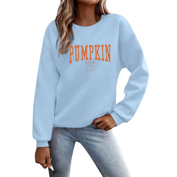 Holzkary Sweatshirts for Women Hoodies Pumpkin Season Sweatshirt Atumn Crewneck Tops Thanksgiving Pullover Graphic Printed Pullover Top Comfy Fall Winter Outfits Clothes 2025 Fashion Light Blue S