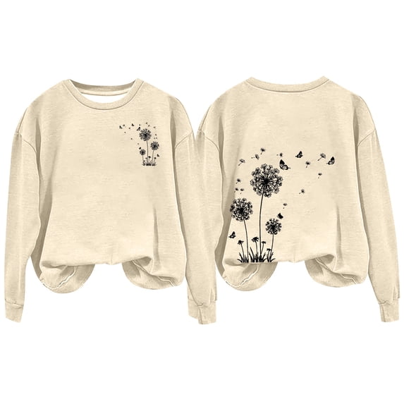 Holzkary Sweatshirts for Women Hoodies Women's Autumn Winter Round Neck Dandelion Print Loose Casual Warm Hoodie Graphic Printed Pullover Top Comfy Fall Winter Outfits Clothes 2025 Fashion Beige L