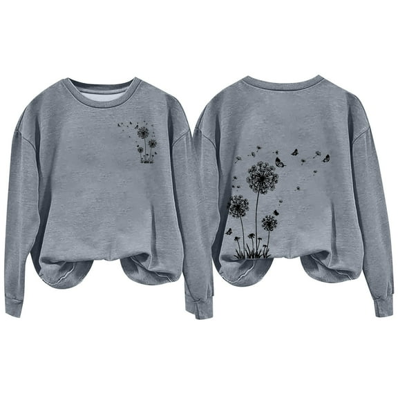 Holzkary Sweatshirts for Women Hoodies Women's Autumn Winter Round Neck Dandelion Print Loose Casual Warm Hoodie Graphic Printed Pullover Top Comfy Fall Winter Outfits Clothes 2025 Fashion Grey L