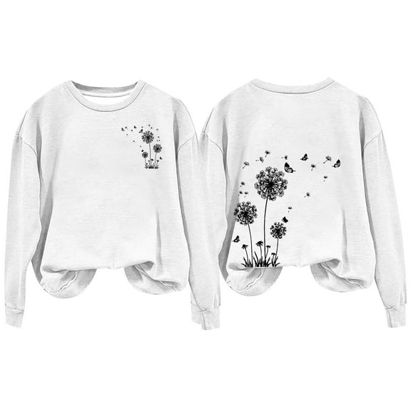 Holzkary Sweatshirts for Women Hoodies Women's Autumn Winter Round Neck Dandelion Print Loose Casual Warm Hoodie Graphic Printed Pullover Top Comfy Fall Winter Outfits Clothes 2025 Fashion White M