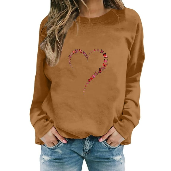 Holzkary Sweatshirts for Women Hoodies Women's Butterfly Print Casual Fashion Sweatshirt Top Graphic Printed Pullover Top Comfy Fall Winter Outfits Clothes 2025 Fashion Khaki S