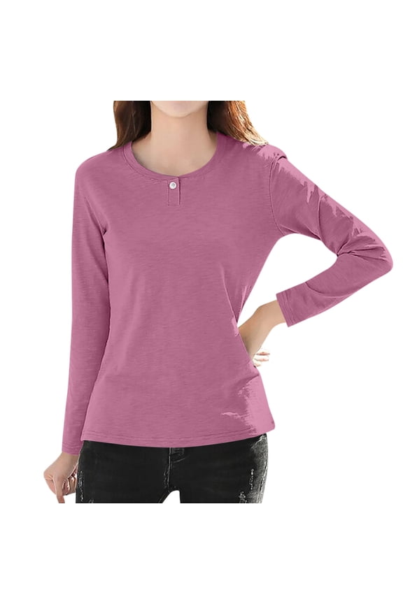 T Shirts for Women Long Sleeve Casual Tops Loose Fit Shirts Spring Tops Work Basic Tunic Crew Neck Cotton T Shirt Classic Fit Shirt Soft Breathable Casual Tee Basic Tops Hot Pink L