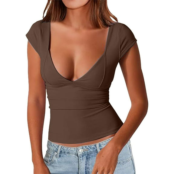 Holzkary T Shirts for Women Loose Fit 2025 Trendy Women's V Neck Short Sleeve T Shirts Double Lined Tee Seamed Cup Going Out Tops Brown Xl