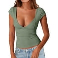 thumbnail image 1 of Holzkary T Shirts for Women Loose Fit 2025 Trendy Women's V Neck Short Sleeve T Shirts Double Lined Tee Seamed Cup Going Out Tops Green Xs, 1 of 7