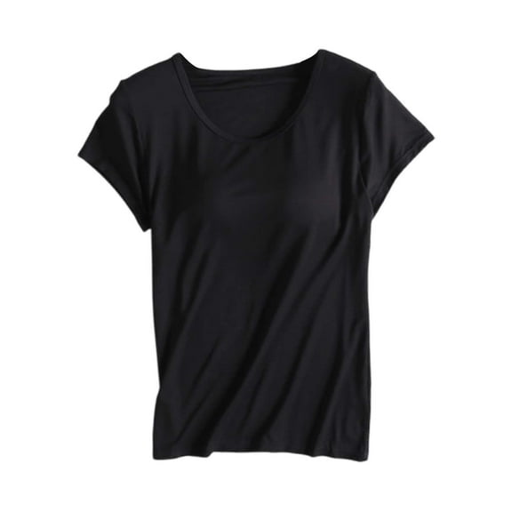 Holzkary T Shirts for Womens Built In Bra Workout Yoga Tee Tops Solid Color Basic Blouses Short Sleeves Crew Neck Tee Tunic Athletic Shirts Black 3Xl