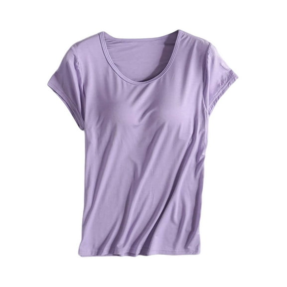 Holzkary T Shirts for Womens Built In Bra Workout Yoga Tee Tops Solid Color Basic Blouses Short Sleeves Crew Neck Tee Tunic Athletic Shirts Purple Xl