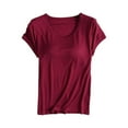 thumbnail image 1 of Holzkary T Shirts for Womens Built In Bra Workout Yoga Tee Tops Solid Color Basic Blouses Short Sleeves Crew Neck Tee Tunic Athletic Shirts Wine L, 1 of 6