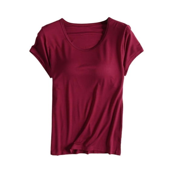 Holzkary T Shirts for Womens Built In Bra Workout Yoga Tee Tops Solid Color Basic Blouses Short Sleeves Crew Neck Tee Tunic Athletic Shirts Wine L