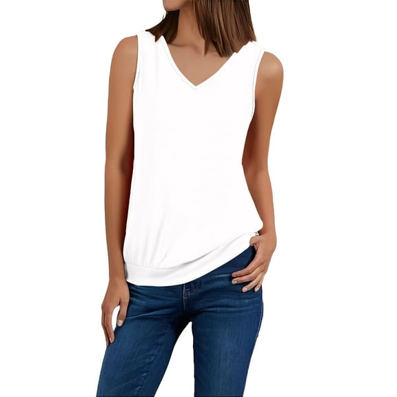 Holzkary Tank Top for Women V Neck Summer Sleeveless T Shirt Tunic Casual Loose Fit Blouses Ladies' Fashionable and Simple Summer Vest Top Casual Solid Color Sleeveless Top White L