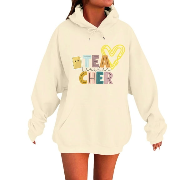 Holzkary Teacher Hoodies for Women Solid Color School Season 2D Age Print Loose Sweatshirt First Day of School Graphic Clothes Teacher's Back to School Casual Pullover Oversized Sweatshirt Hot Pink M